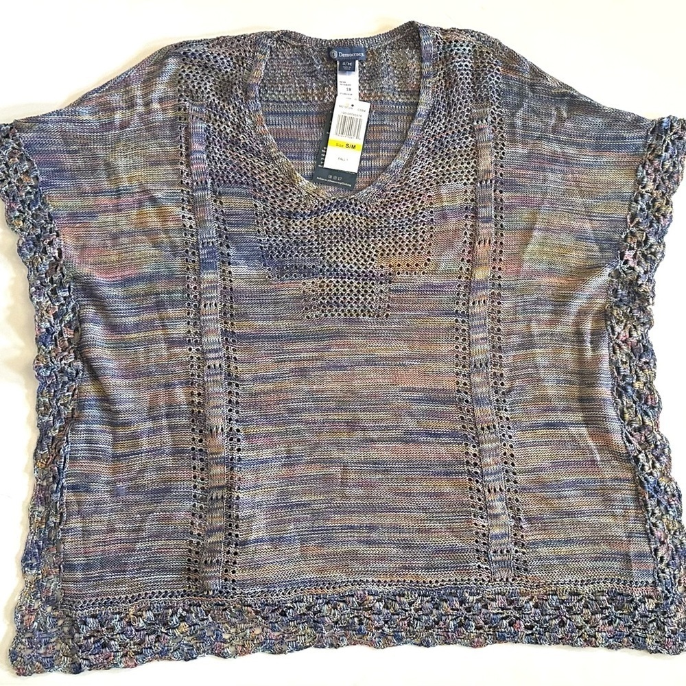 Democracy V-Neck Regular Size S/M Sweater Women's Multicolor Crochet Trim, NEW - Picture 3 of 14